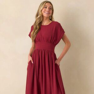 Faded Photographs Burgundy Chiffon Cap Sleeve Maxi Dress